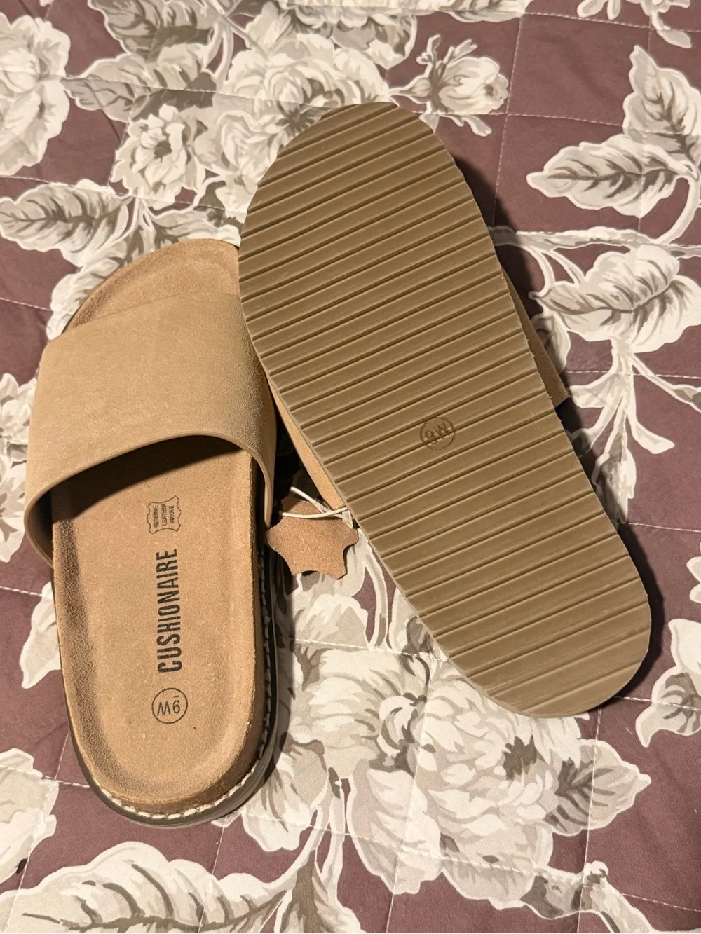 Cushionaire Women's Tan Slide Sandals - Wide Strap Comfort